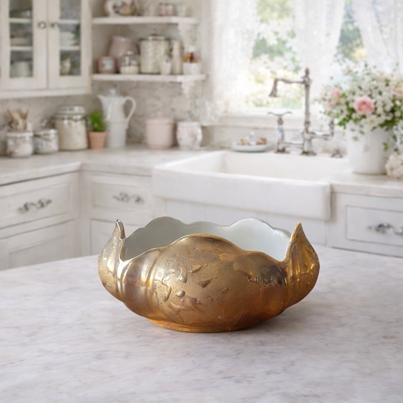 Kass China Company Other - Vtg Kass China Co Weeping Bowl Gold 22K Drip Glaze Scalloped Rim MCM Centerpiece